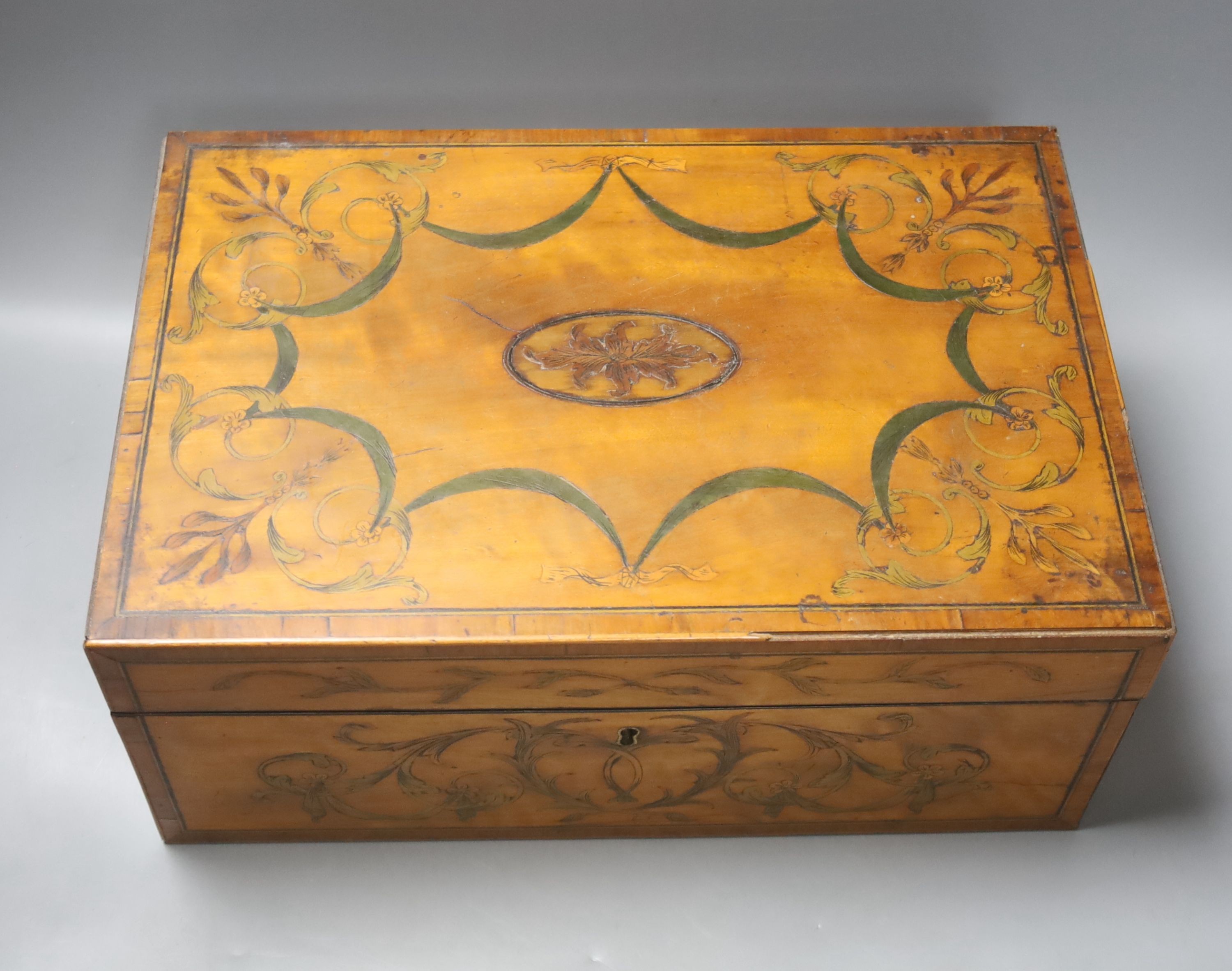 An early Victorian floral marquetry and satinwood writing slope, 35cm